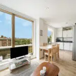 Bright open-plan living area with large windows showing city buildings and blue sky; TV on a white stand, plant, and a kitchen/dining area in the background.